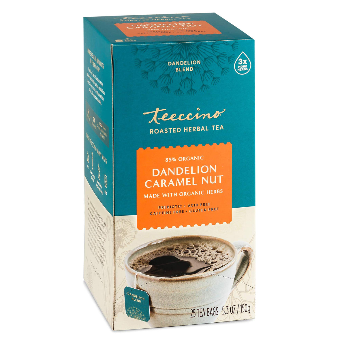 Teeccino Dandelion Caramel Nut Tea bag ready to brew, inviting aroma