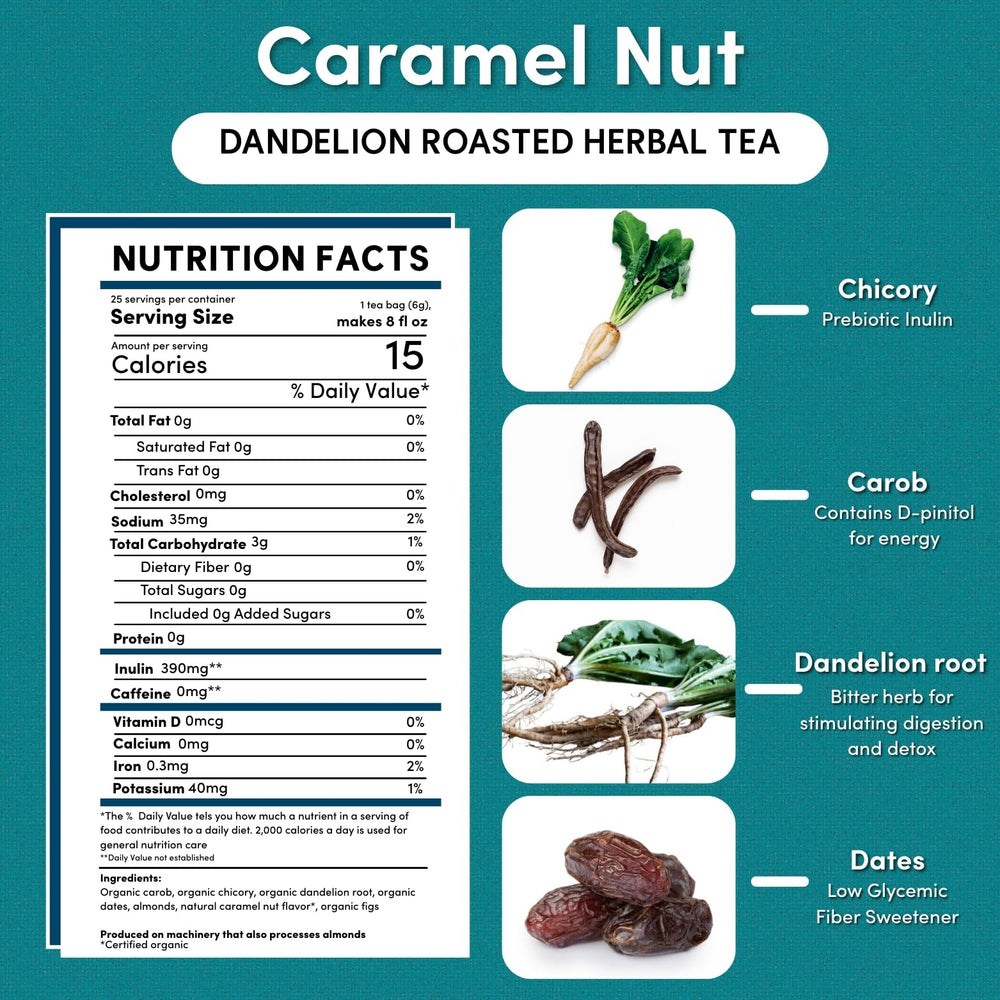 A brewed cup of Teeccino Dandelion Caramel Nut Tea with rich flavor