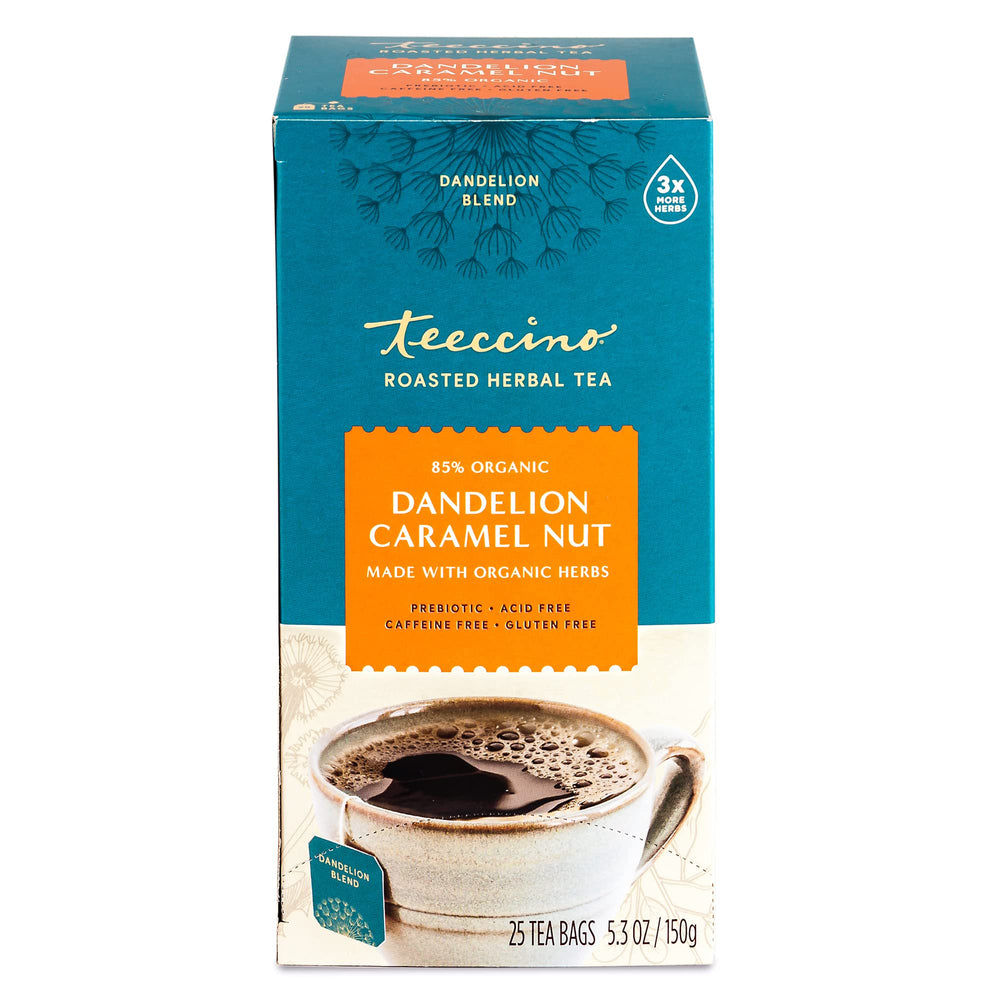 Dessert-like aroma of Teeccino Dandelion Caramel Nut Tea ready to serve