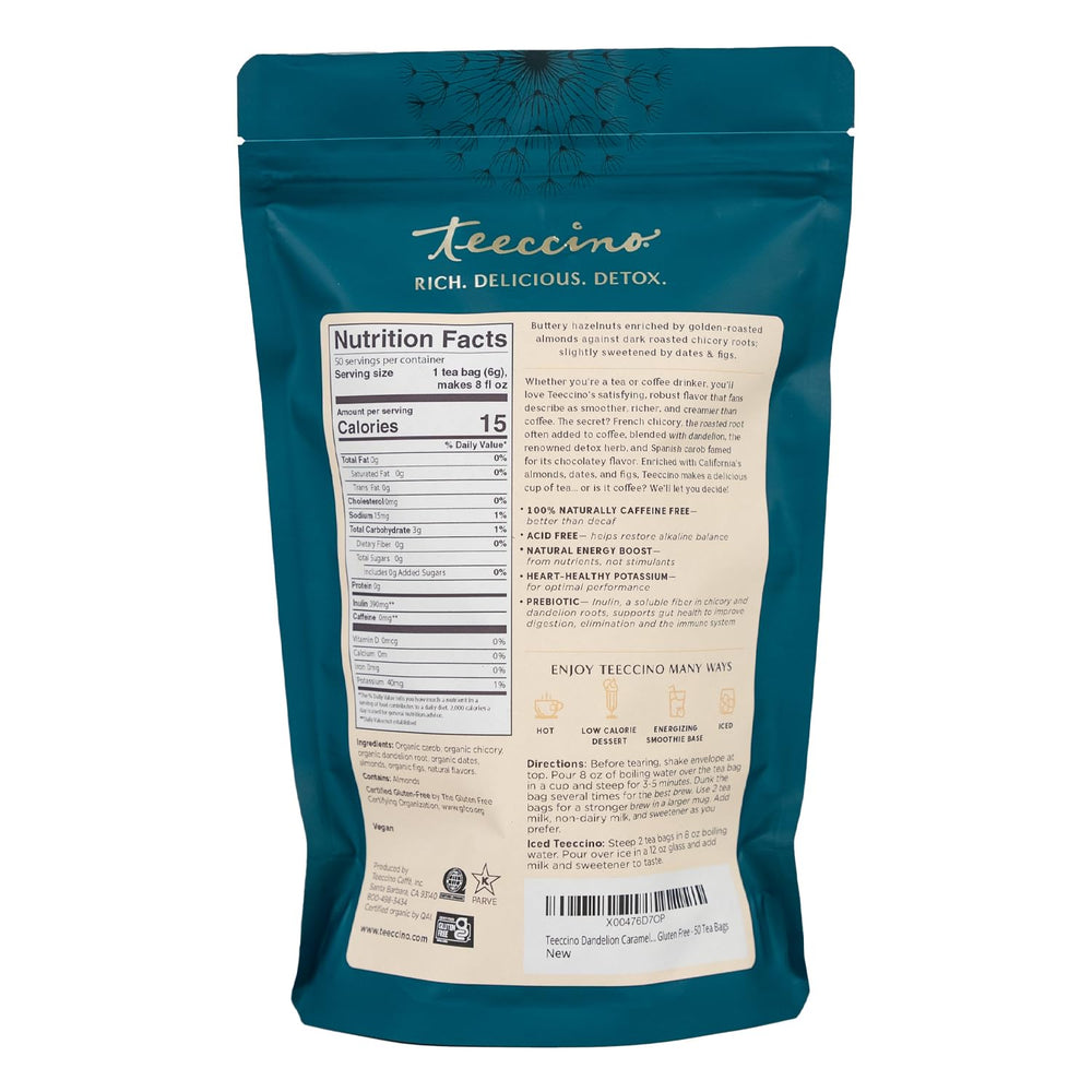 Eco-friendly Teeccino tea bags without strings or tags reduce waste.