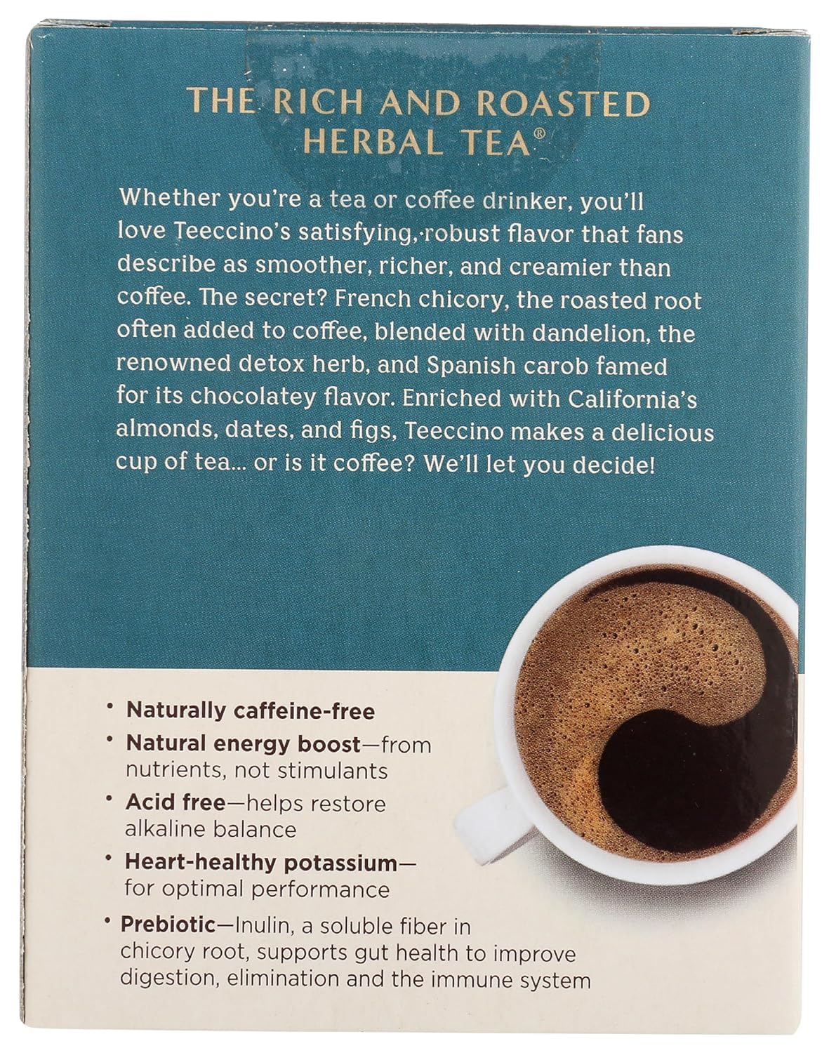 Gluten-free badge beside Teeccino Dandelion Caramel Nut Tea packaging