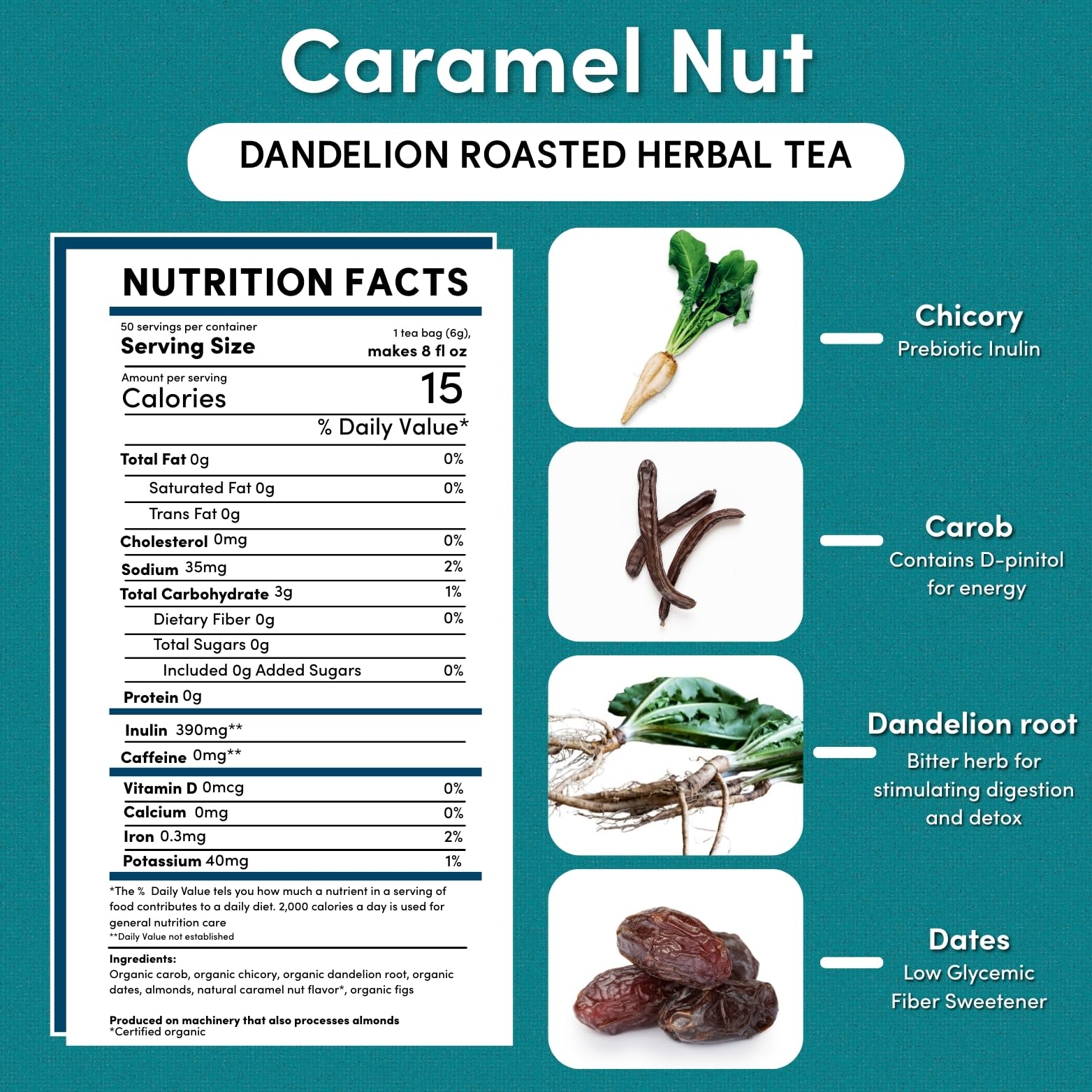 Teeccino Dandelion Caramel Nut hot cup, caffeine-free comfort any time.