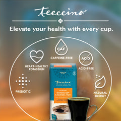 Chilled Teeccino Dandelion Caramel Nut Tea on ice, refreshing and caffeine-free