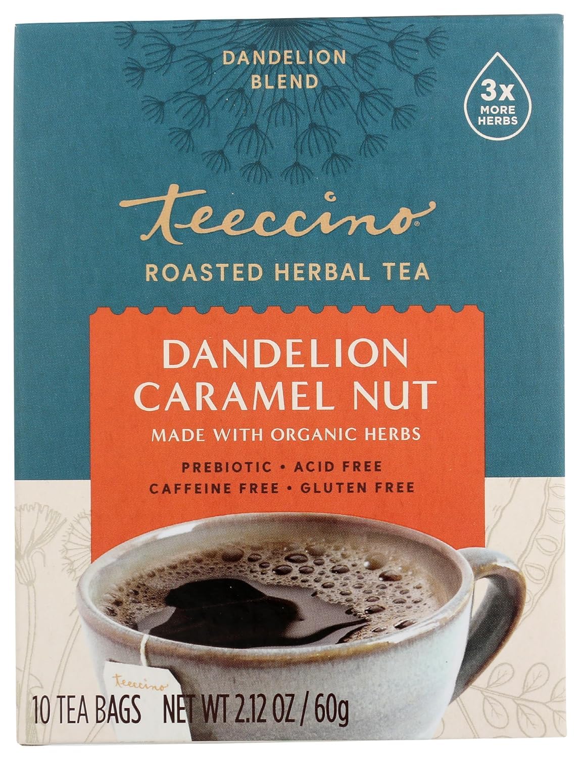 Teeccino Dandelion Caramel Nut Tea latte with frothed milk