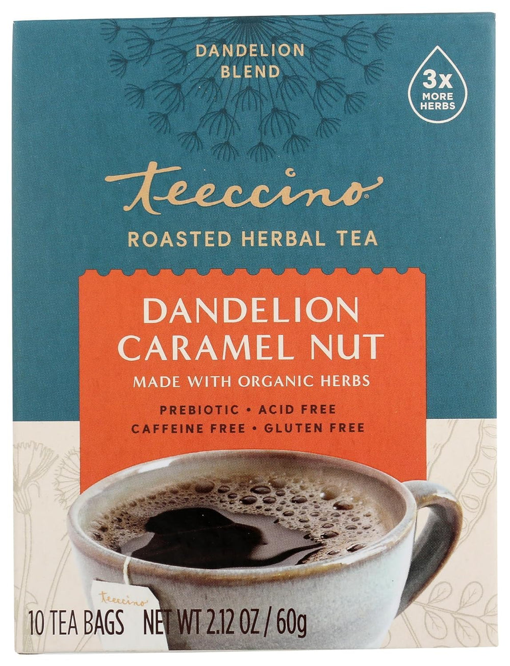 Teeccino Dandelion Caramel Nut Tea latte with frothed milk