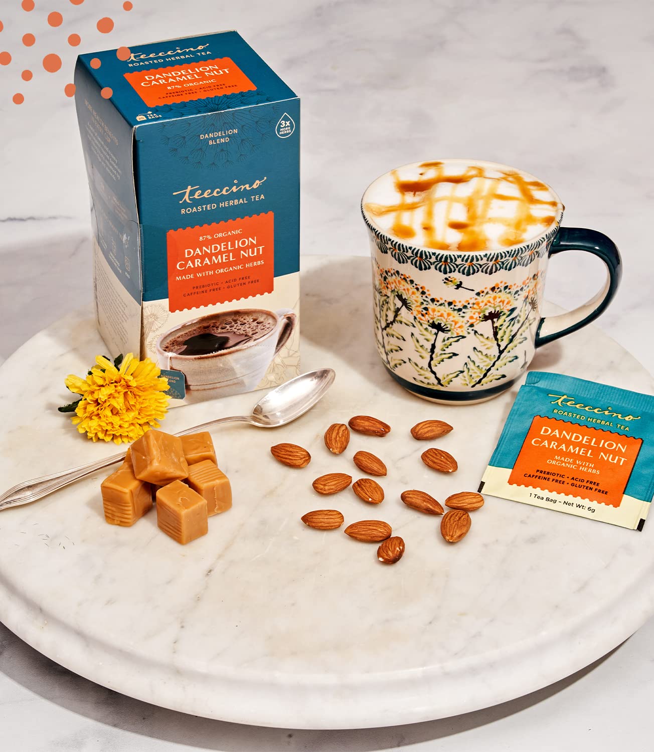 Front view of Teeccino Dandelion Caramel Nut tea packaging.