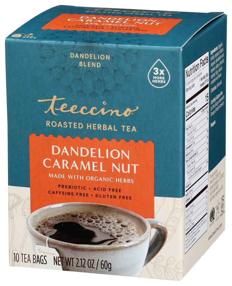 Teeccino Dandelion Caramel Nut Tea pack front view with gluten-free labeling