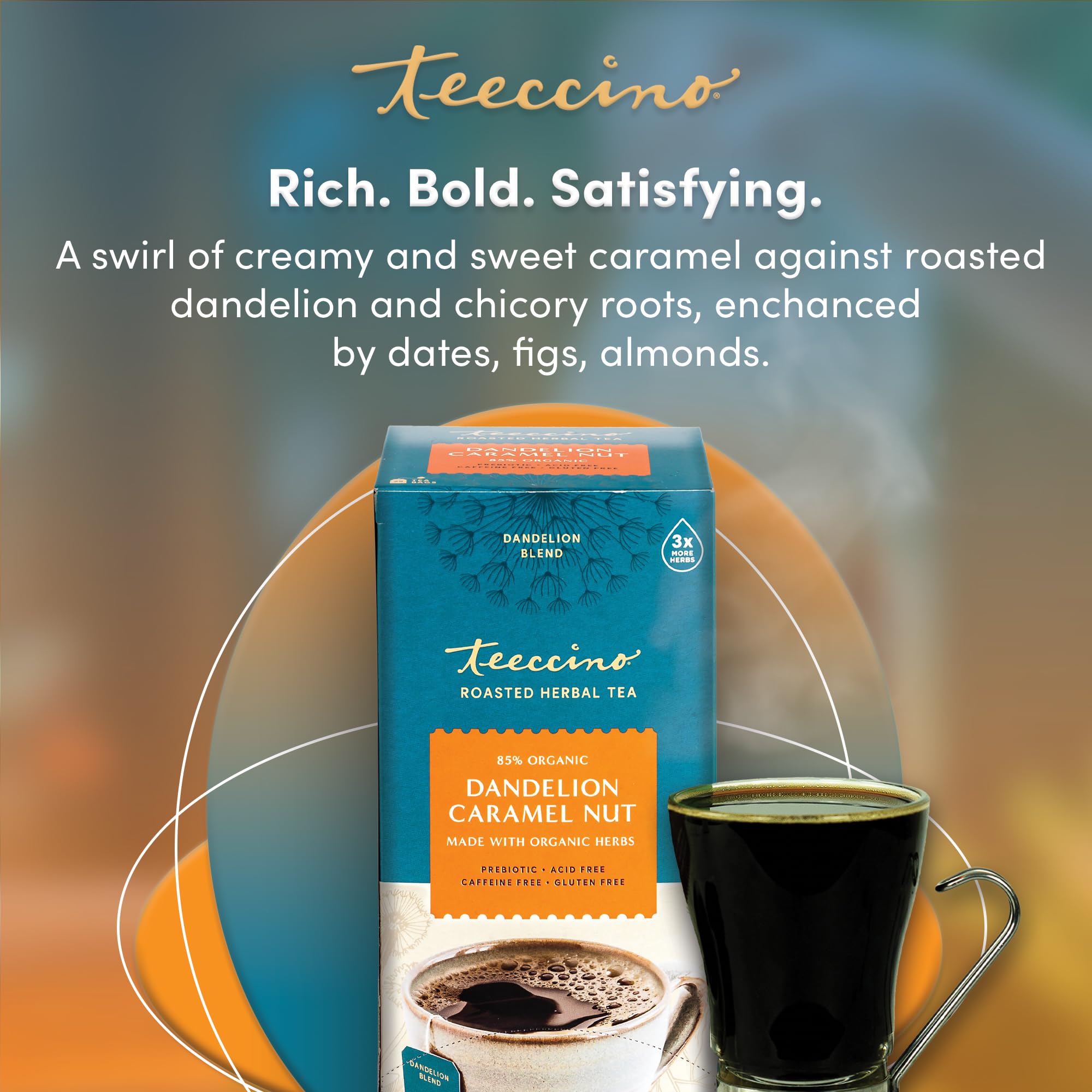 Packaging of Teeccino Dandelion Caramel Nut Tea highlighting natural herbs