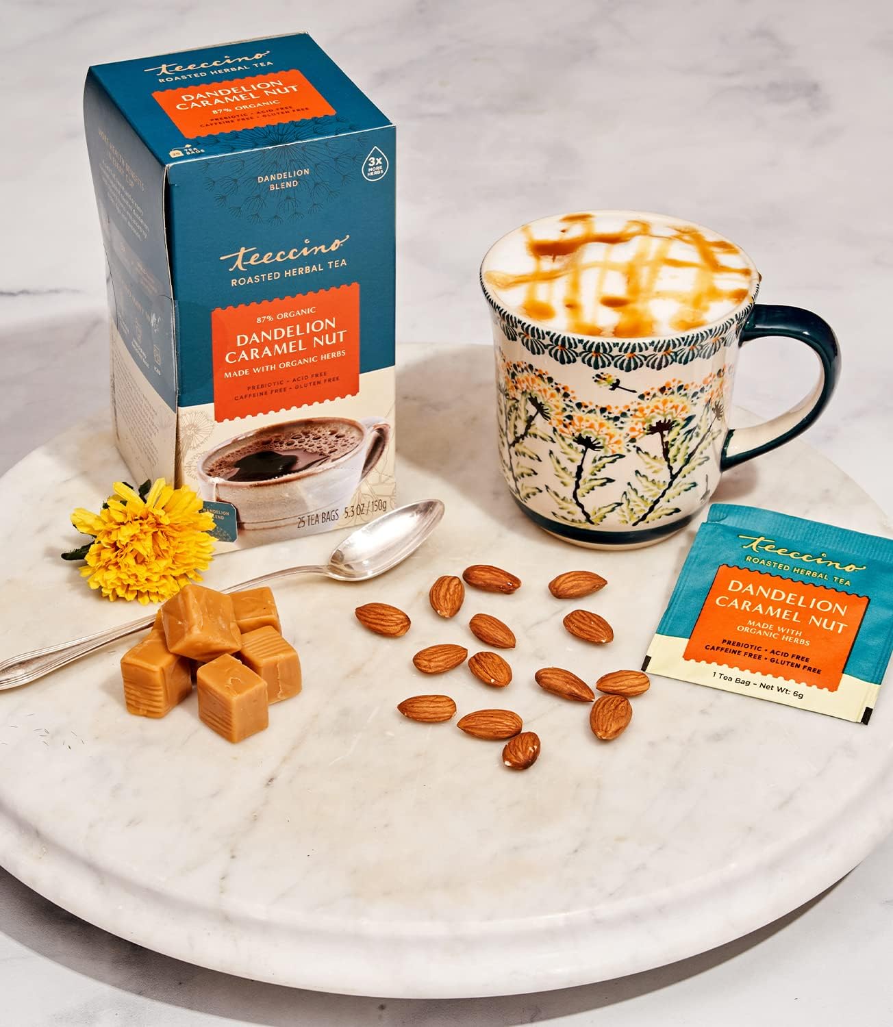 Teeccino Dandelion Caramel Nut Tea with prebiotic fiber note for digestive wellness