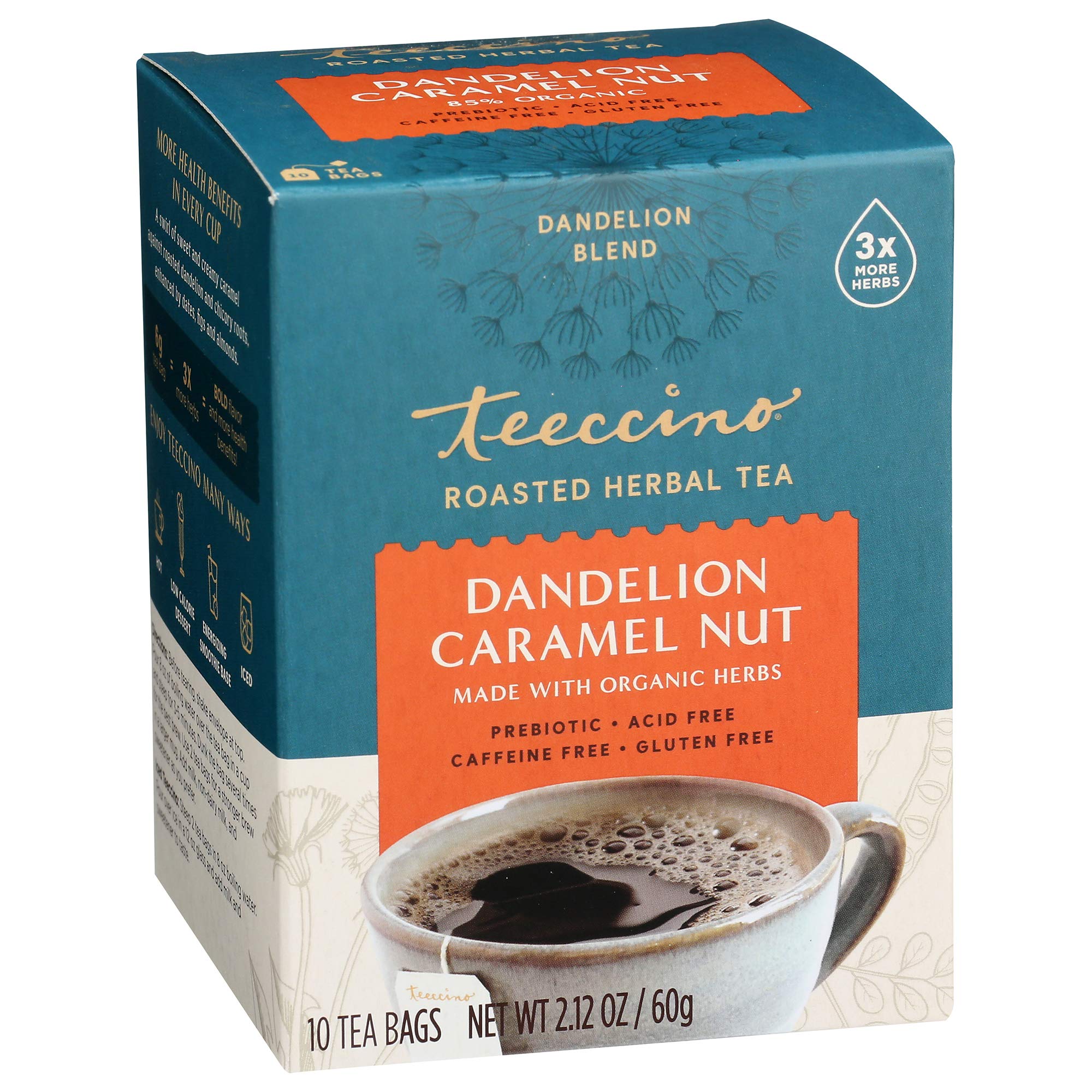 Tea steeping basket ready to brew Teeccino Dandelion Caramel Nut.