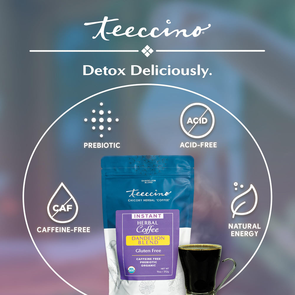 Teeccino Dandelion Chicory Roots closeup highlights organic, prebiotic-friendly ingredients.