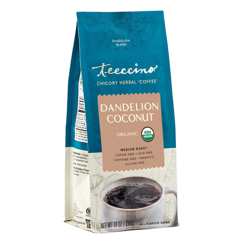 Teeccino Dandelion Coconut Herbal Coffee bag; caffeine-free option for evenings.