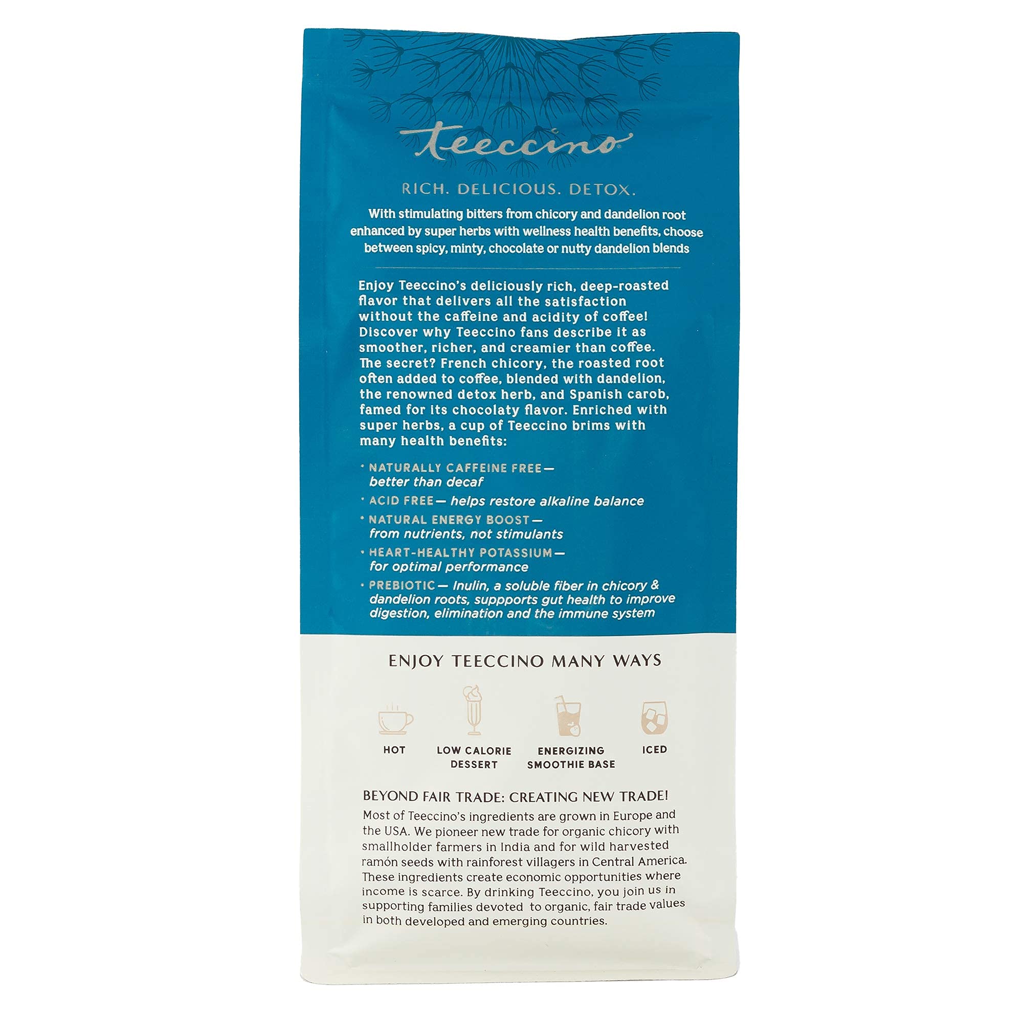 Brew in coffee maker with Teeccino; versatile for hot or iced beverages.