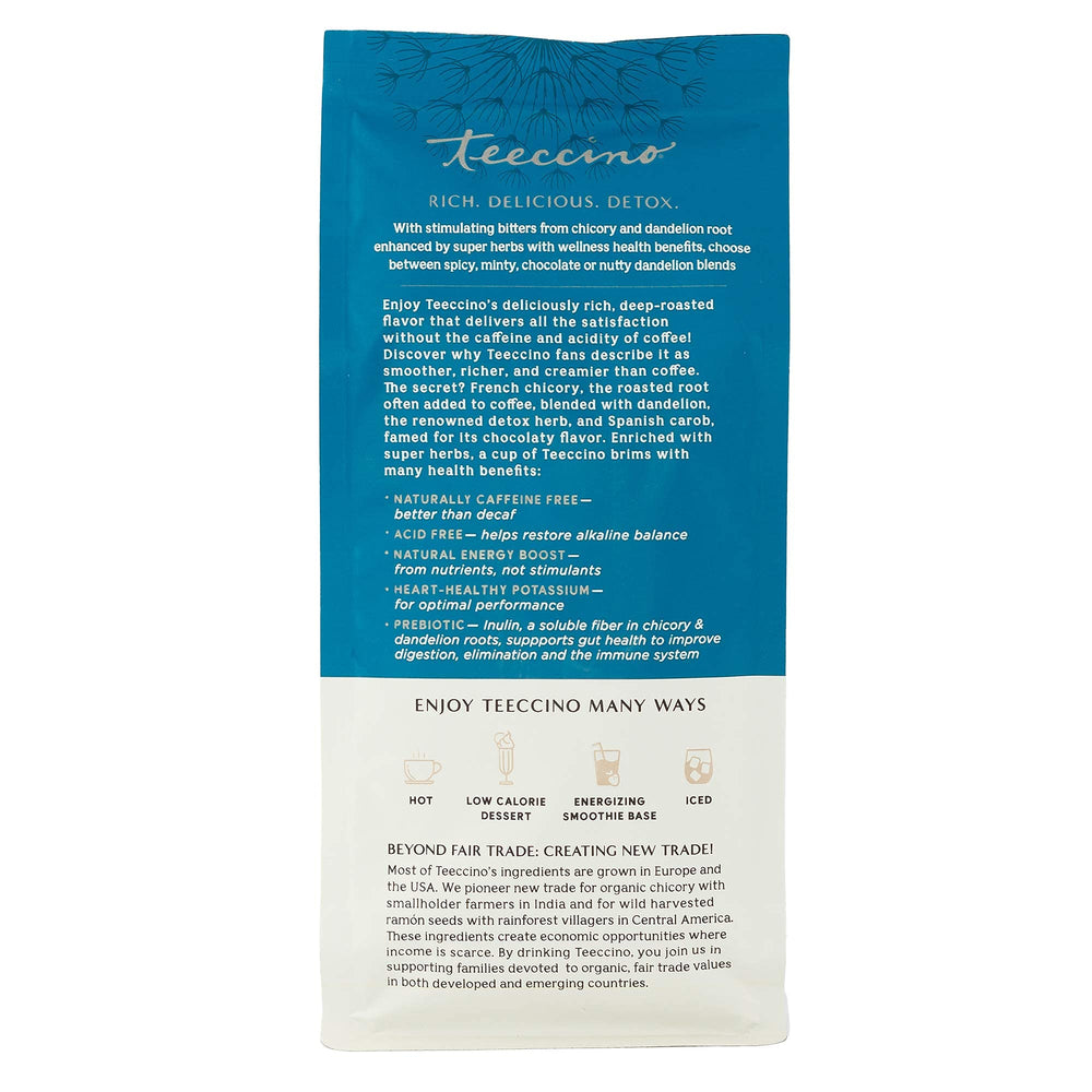 Brew in coffee maker with Teeccino; versatile for hot or iced beverages.
