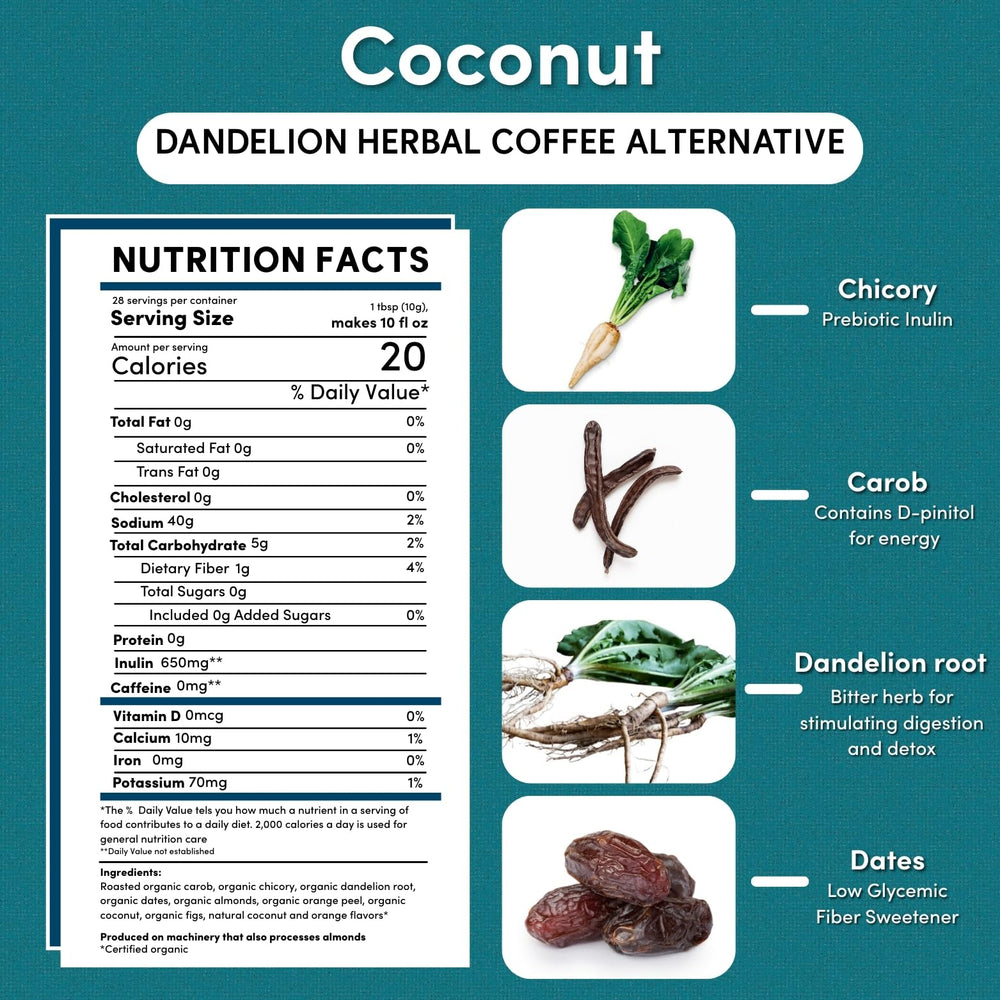 Teeccino Dandelion Coconut Herbal Coffee cup steaming with rich aroma.