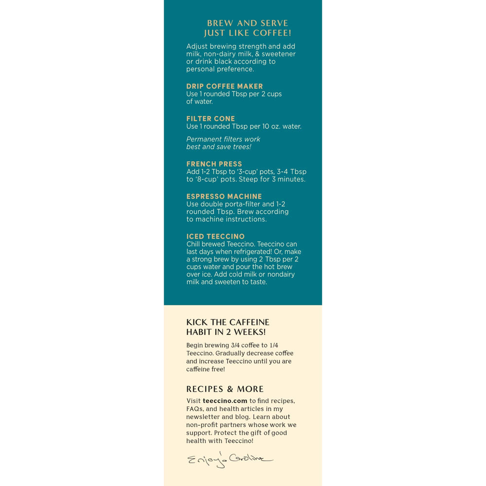 Gluten-free Teeccino label; dairy-free option for sensitive diets.