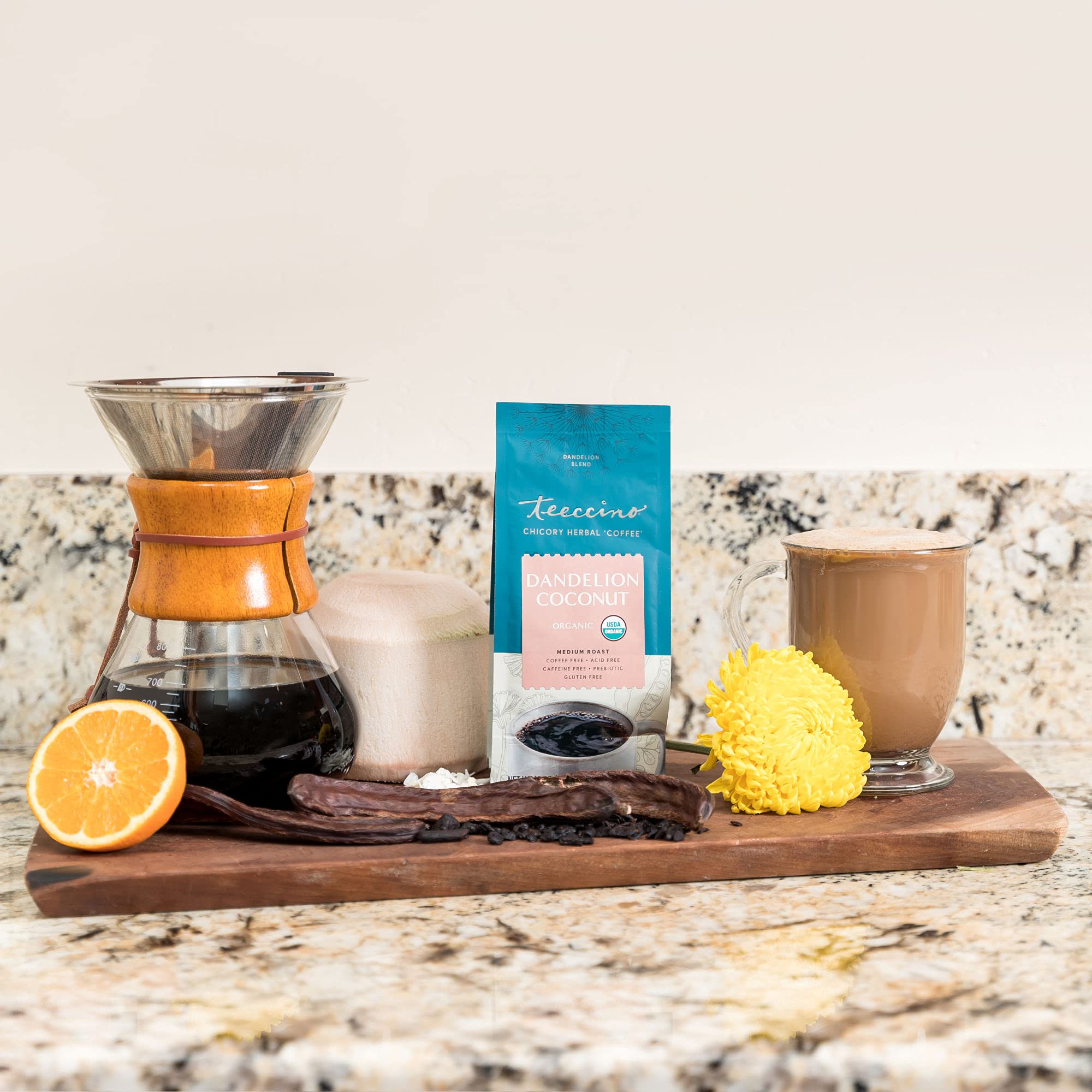 Teeccino packaging highlighting gluten-free and acid-free features.