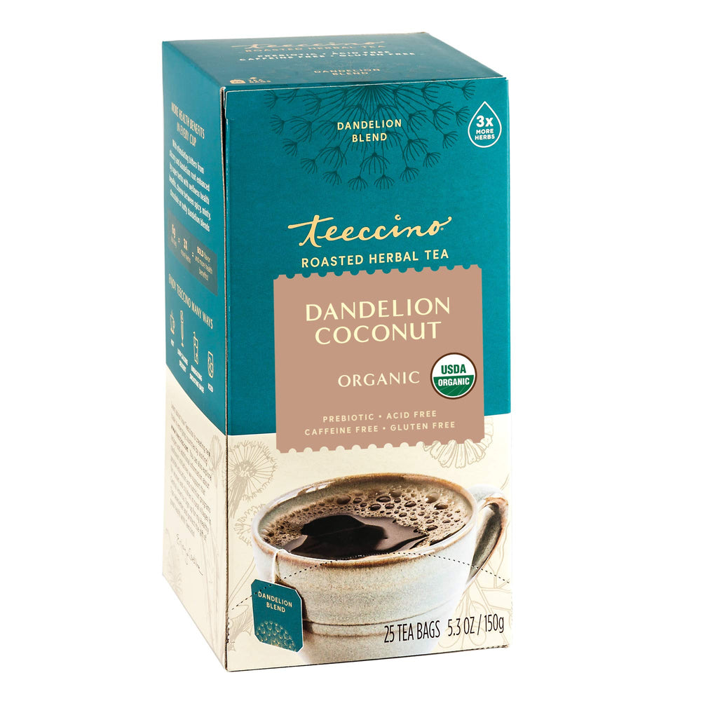 Teeccino Dandelion Coconut Tea bag, caffeine-free herbal blend with prebiotics for gut health.