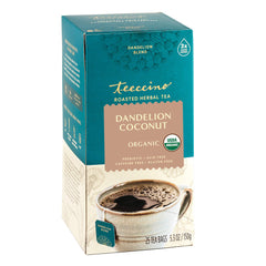 Teeccino Dandelion Coconut Tea bag, caffeine-free herbal blend with prebiotics for gut health.