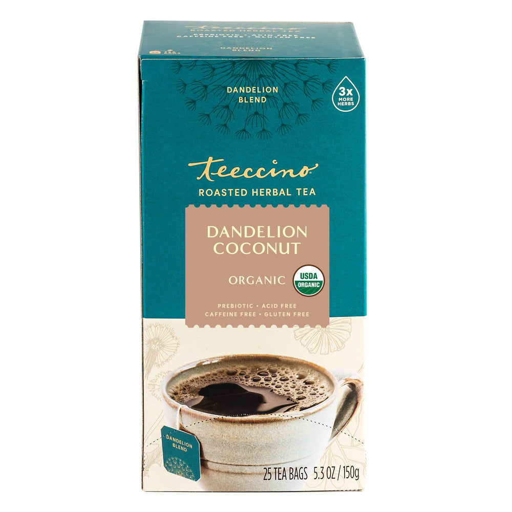 Product label on Teeccino Dandelion Coconut Tea highlights prebiotics and gluten-free features.