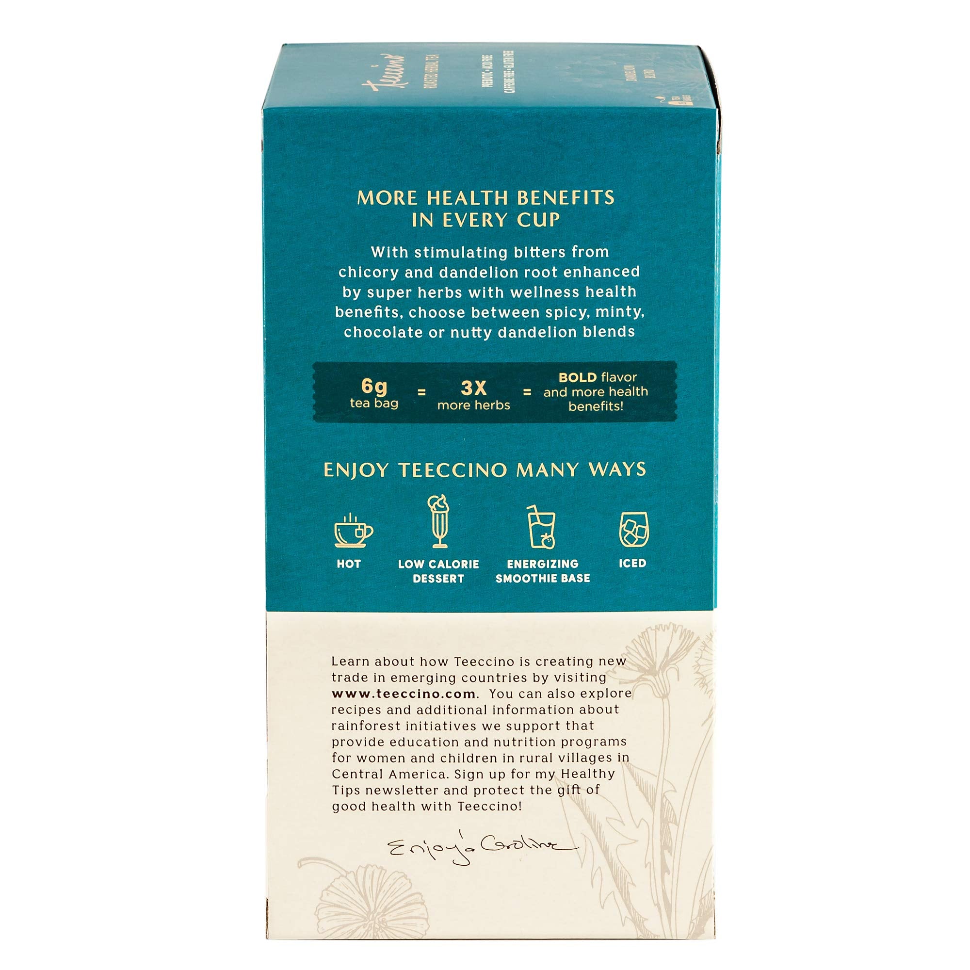 Packaging of Teeccino Dandelion Coconut Tea with 25 tea bags visible.