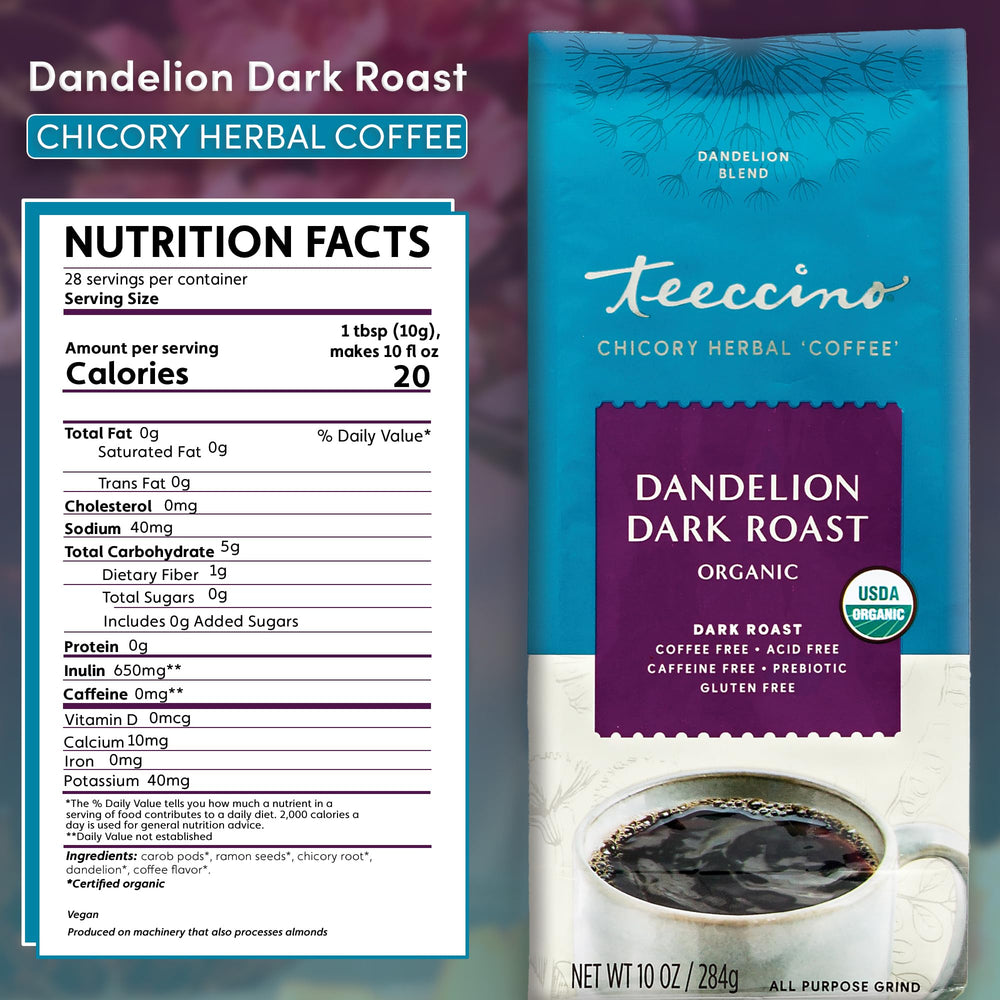 Teeccino Dandelion Dark Roast in a coffee maker brew demonstrates caffeine-free versatility.