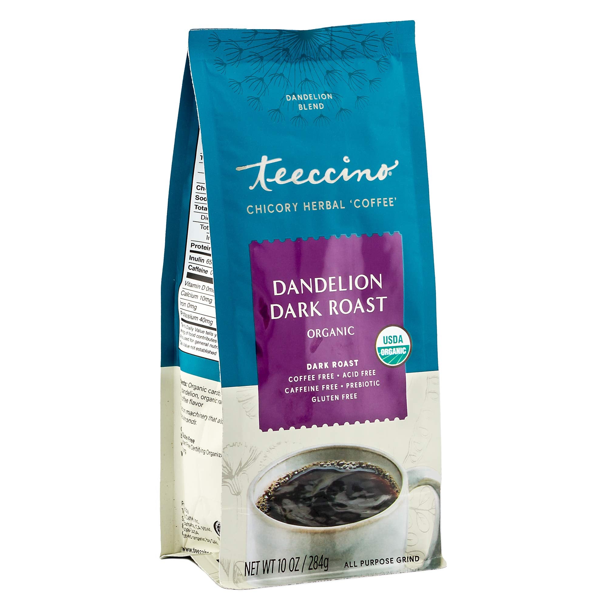 Teeccino Dandelion Dark Roast cup steaming shows caffeine-free, coffee-like flavor.
