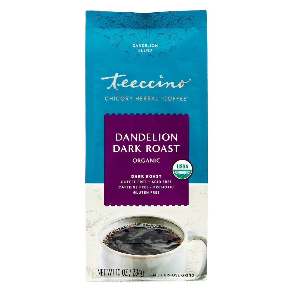 Teeccino Dandelion Dark Roast bottle shows gluten-free promise for sensitive diets.