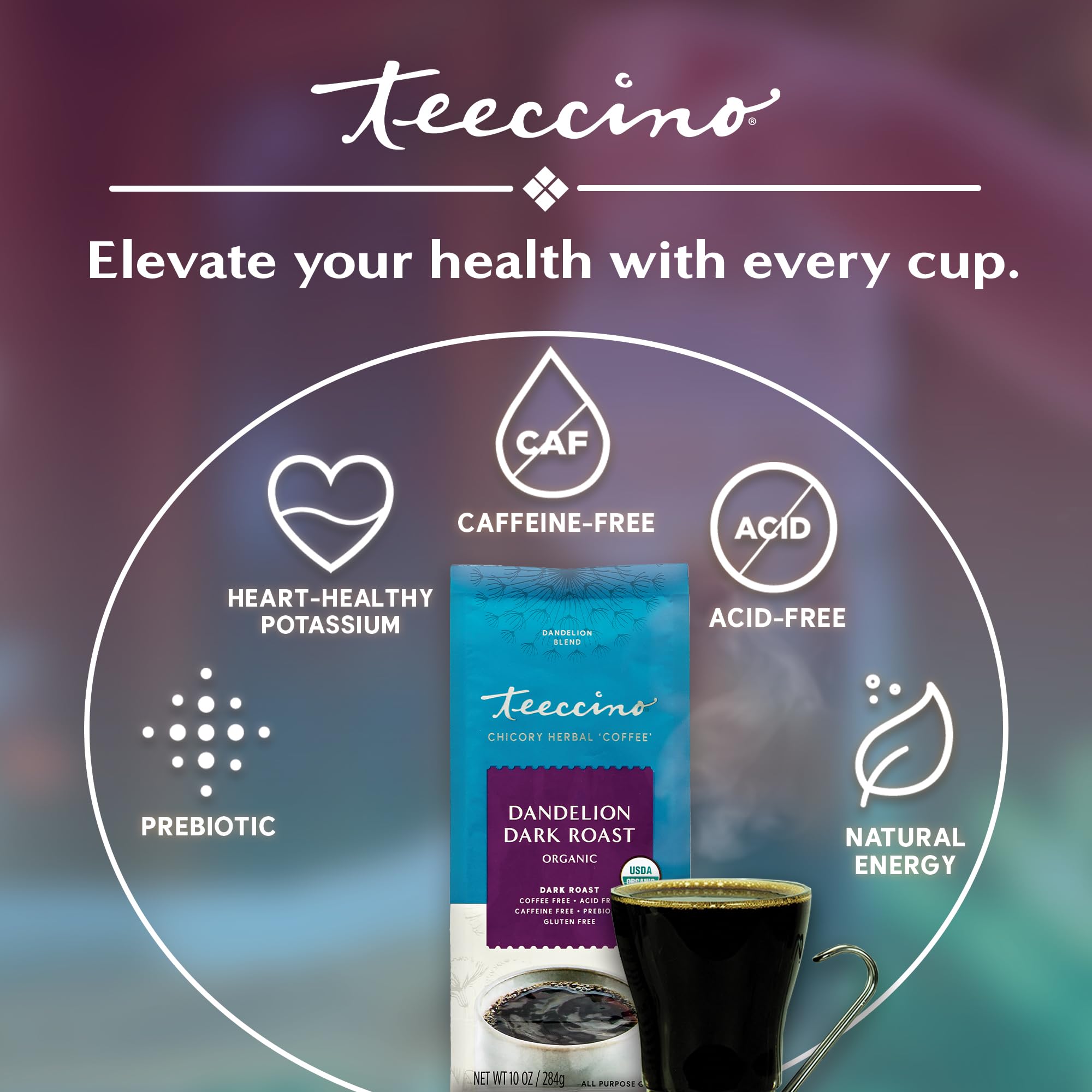 Teeccino Dandelion Dark Roast organic herbs badge signals non-GMO, organic blend.