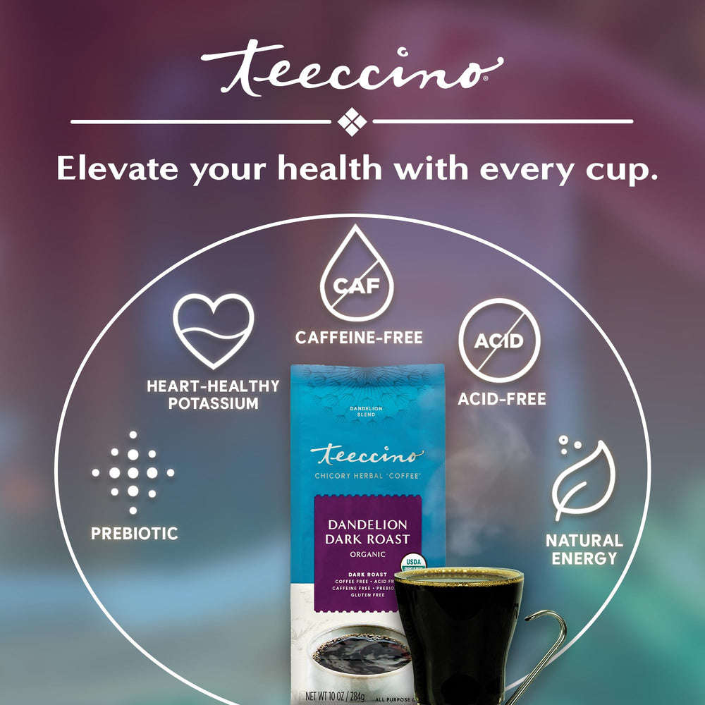 Teeccino Dandelion Dark Roast organic herbs badge signals non-GMO, organic blend.