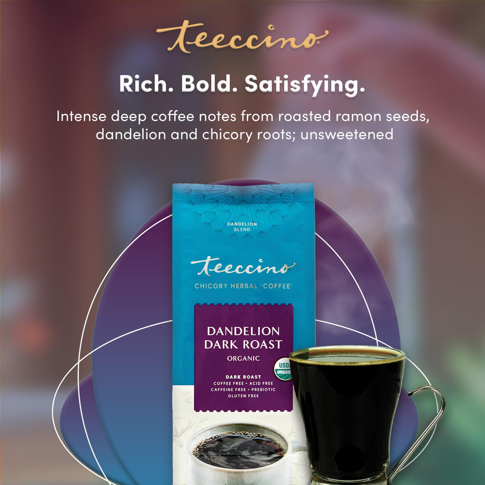 Teeccino Dandelion Dark Roast prebiotic fiber label highlights gut-friendly inulin benefits.
