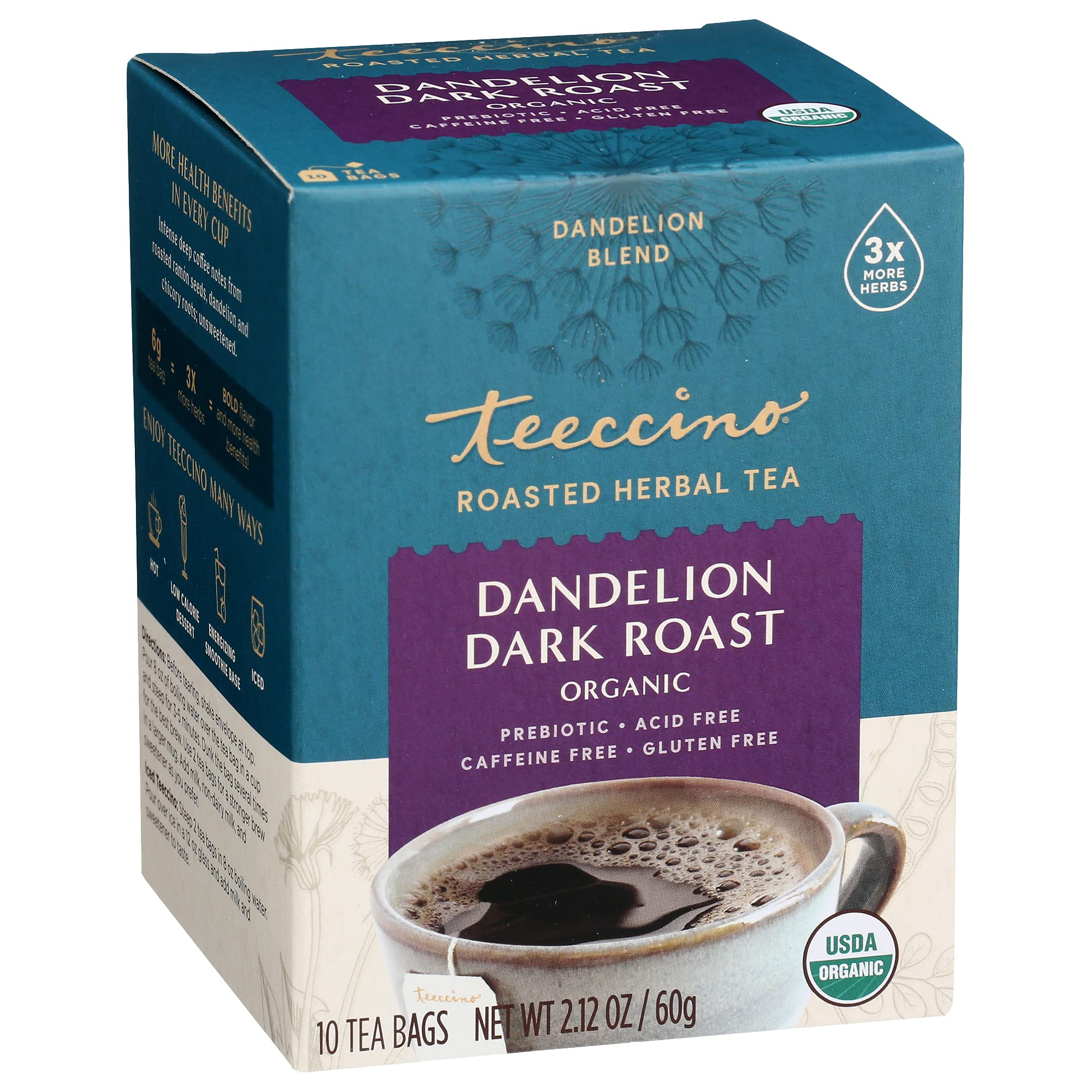 Teeccino Dandelion Dark Roast Tea bags offer caffeine-free comfort any time.