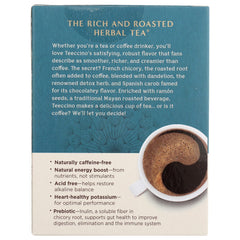 Teeccino Dandelion Dark Roast Tea label closeup notes gluten-free and allergen-free traits.