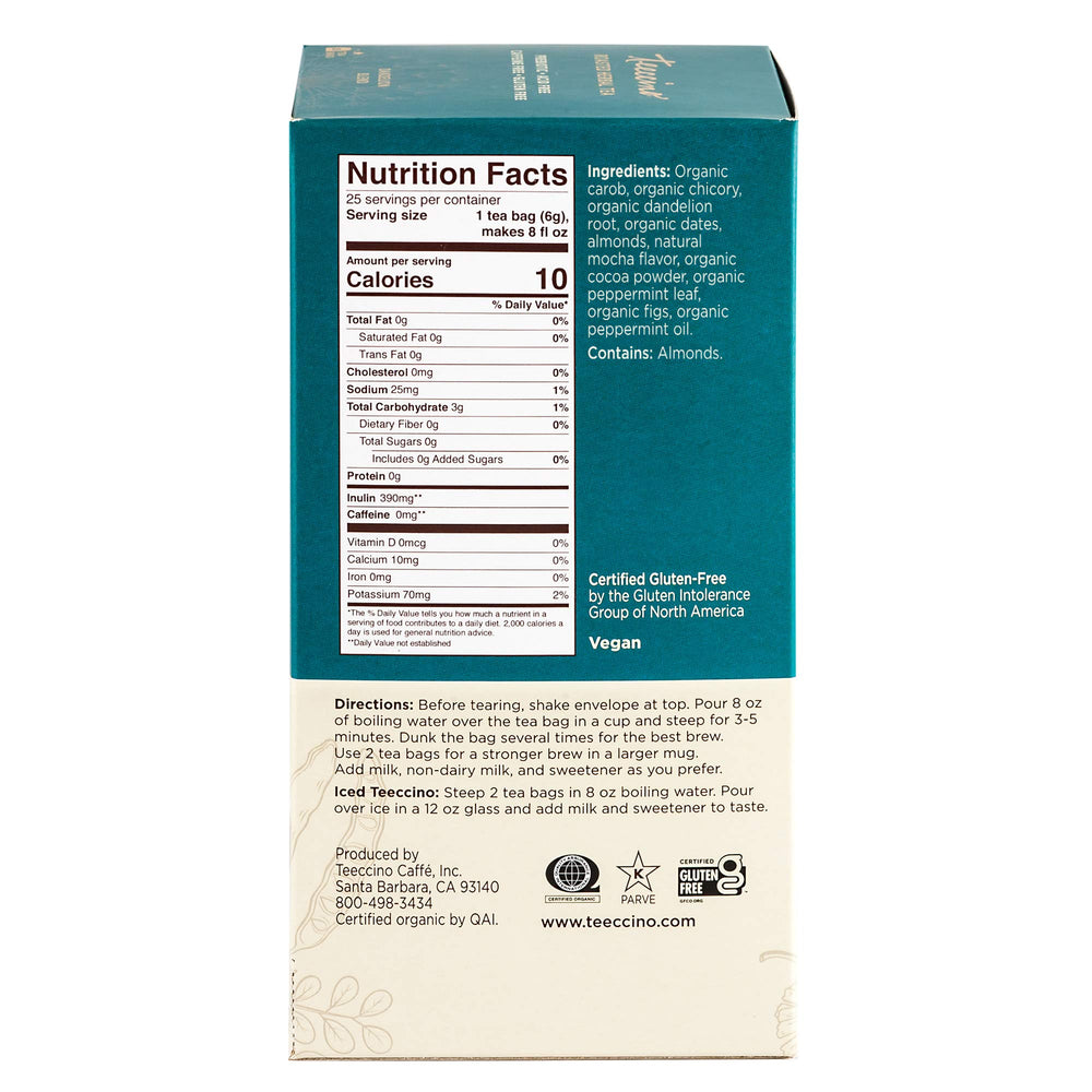 Gluten-free Teeccino Dandelion Mocha Mint packaging and branding.
