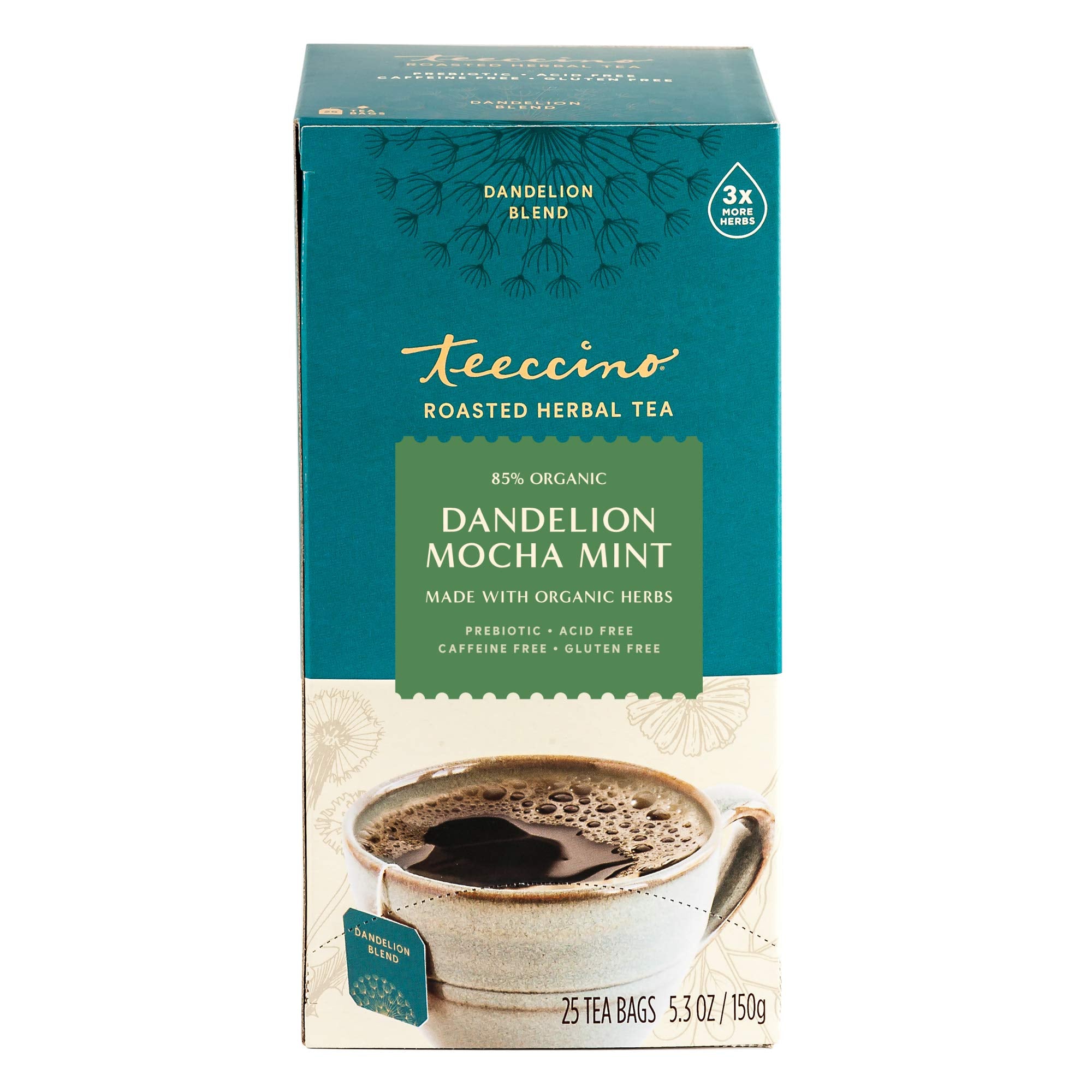 Ingredients label focusing on prebiotics in Teeccino Dandelion Mocha Mint.