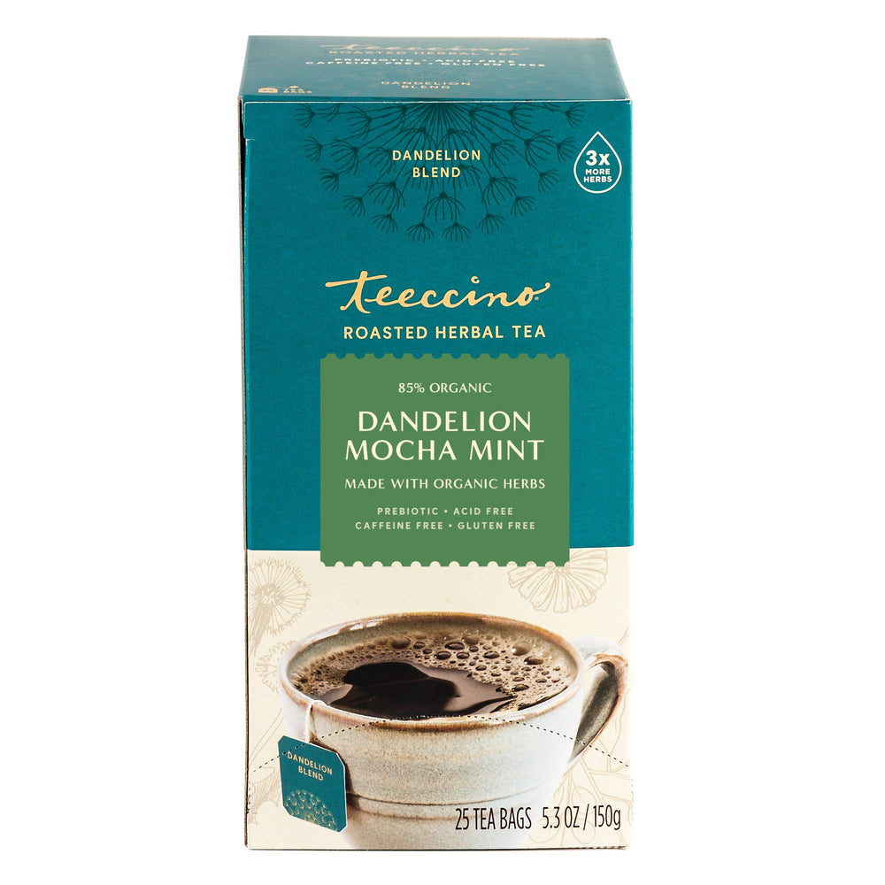 Ingredients label focusing on prebiotics in Teeccino Dandelion Mocha Mint.