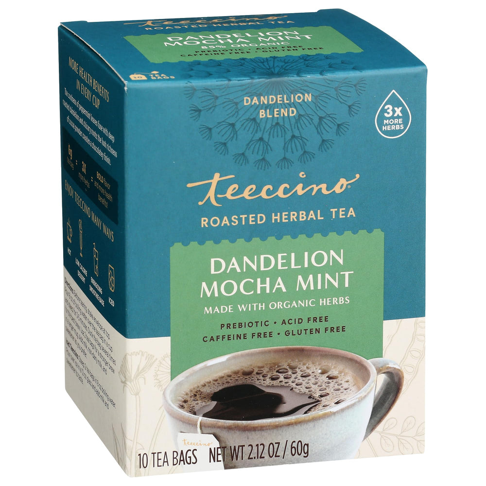 Teeccino Dandelion Mocha Mint Tea bag closeup showing caffeine-free herbal blend for wellness