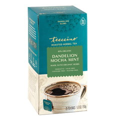 Teeccino Dandelion Mocha Mint tea bag showing caffeine-free detox flavors.