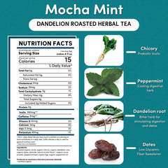Teeccino Dandelion Mocha Mint tea box highlighting rich herbal blend.