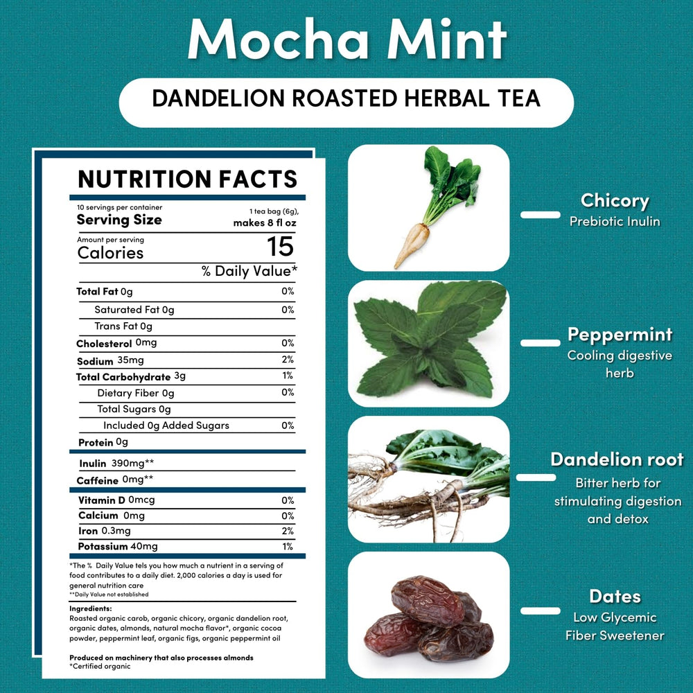 Steaming cup of Teeccino Dandelion Mocha Mint Tea, soothing herbal moment