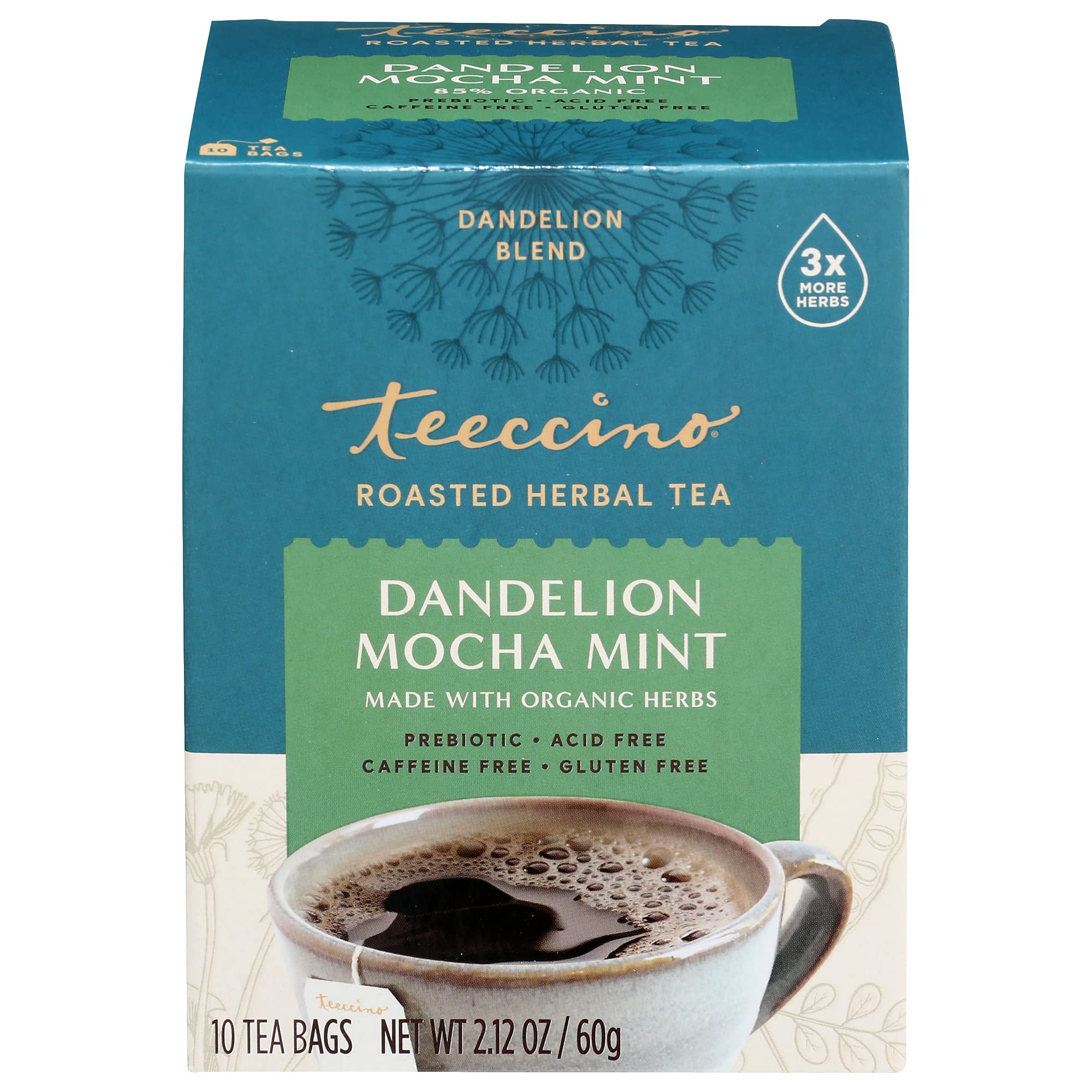 Gluten-free Teeccino Dandelion Mocha Mint Tea label on packaging