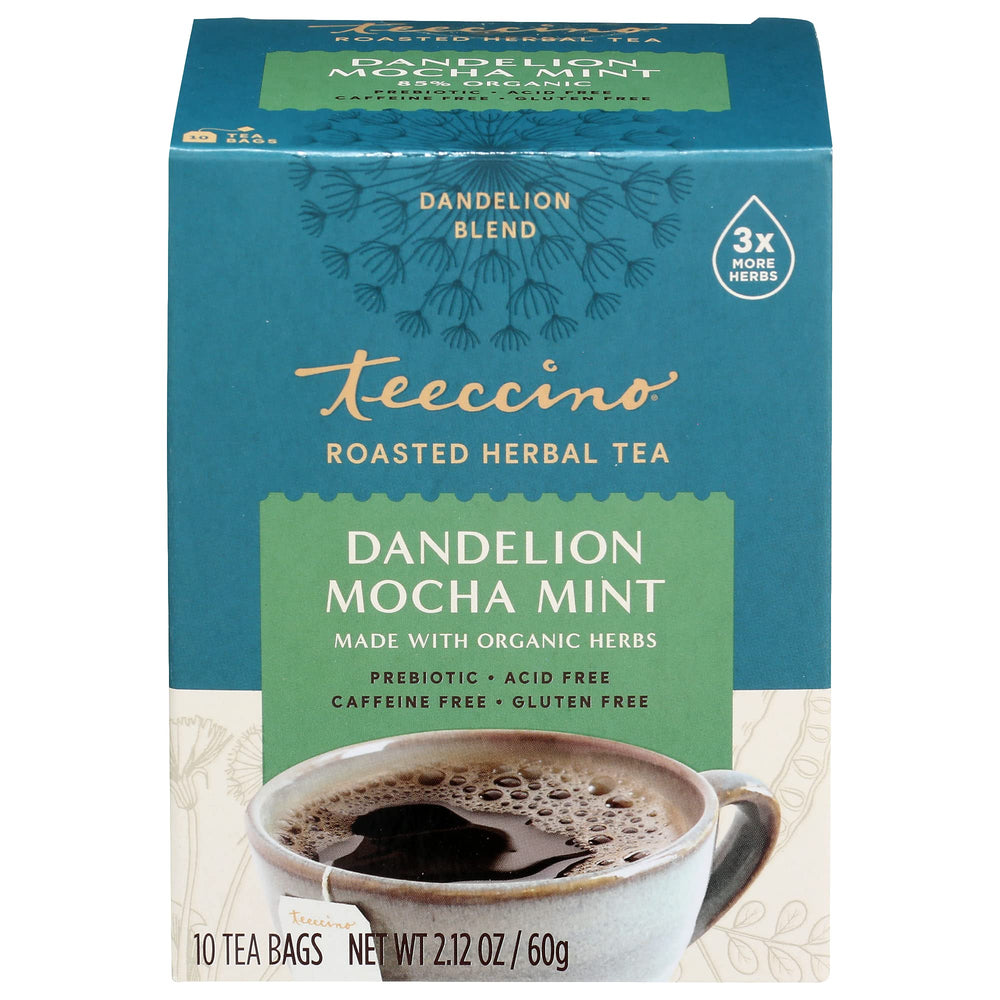 Gluten-free Teeccino Dandelion Mocha Mint Tea label on packaging
