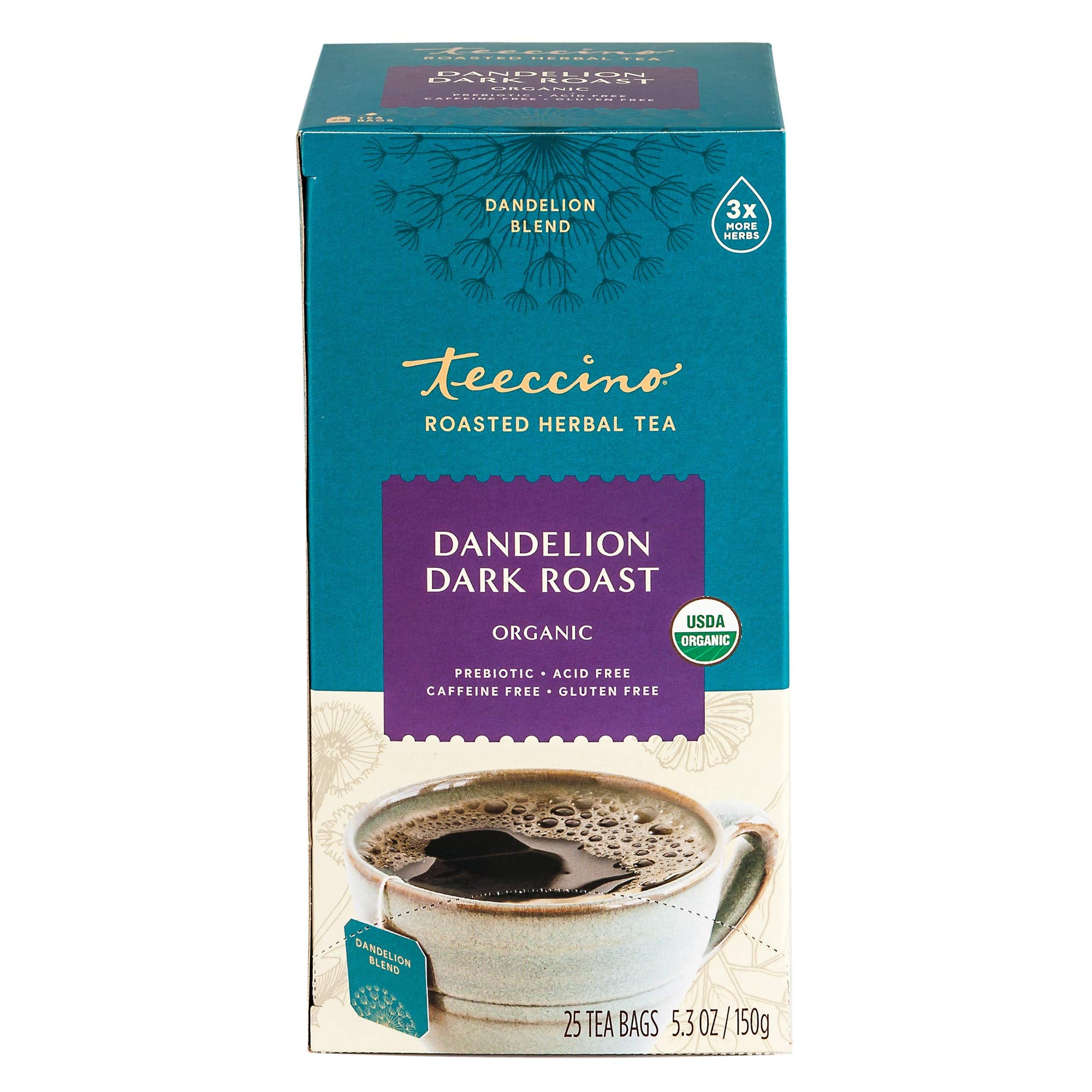 Front label on Teeccino dandelion tea, gluten-free and organic