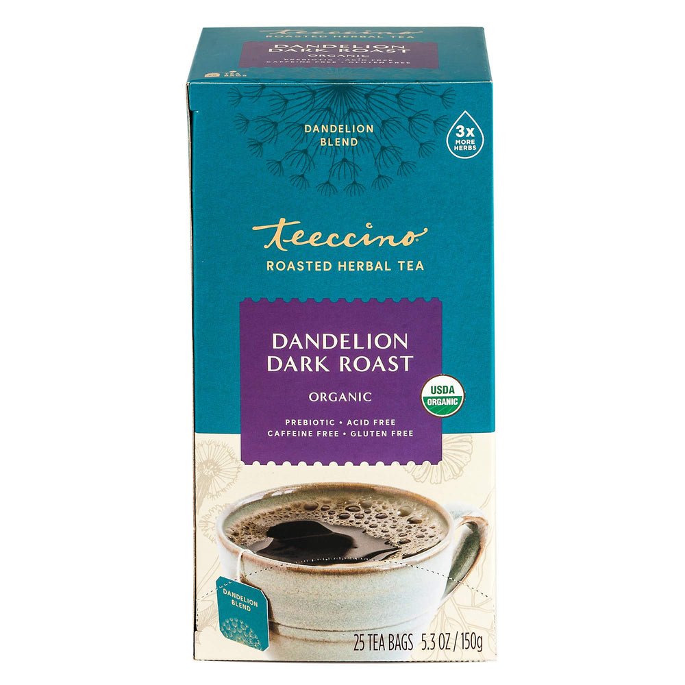 Front label on Teeccino dandelion tea, gluten-free and organic