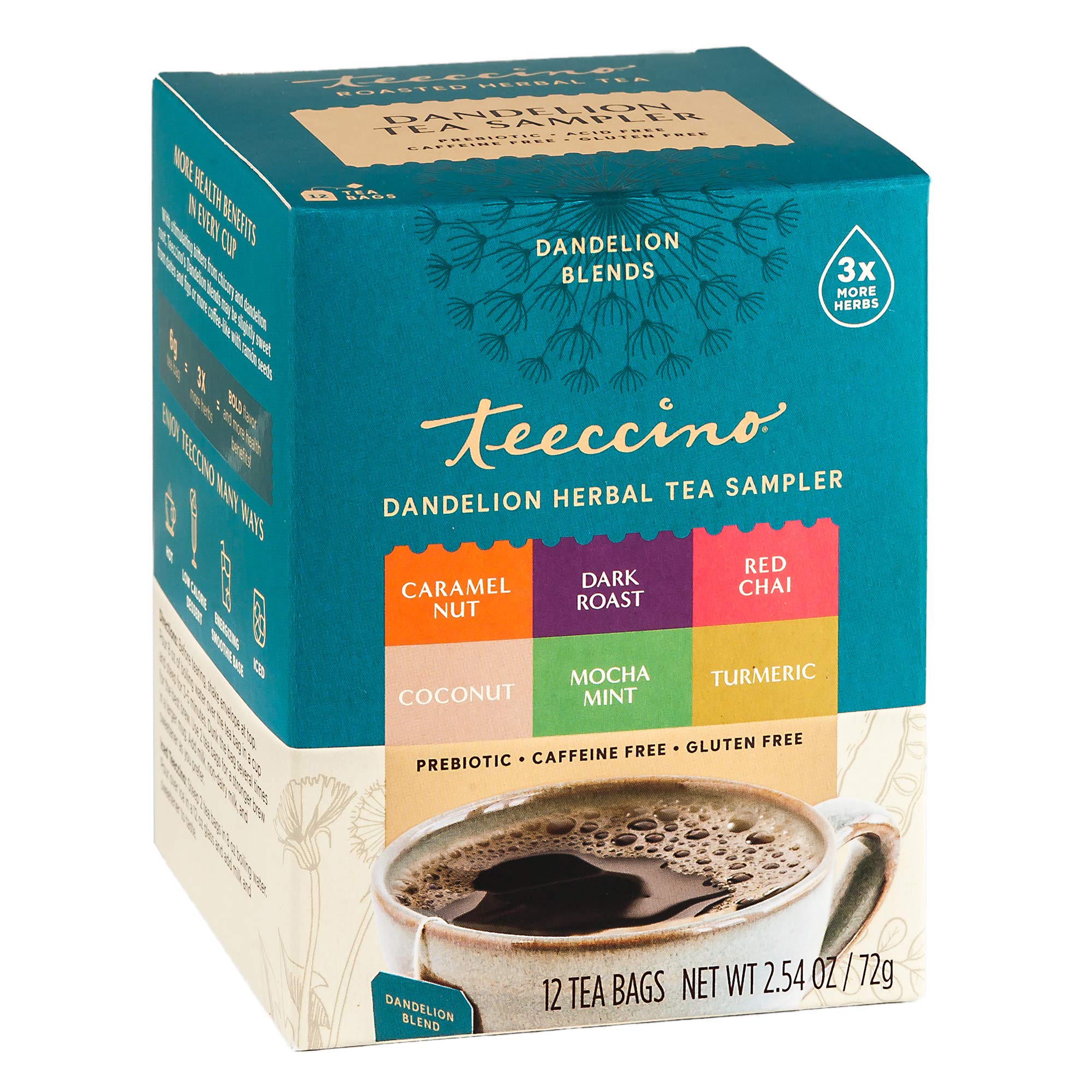 Teeccino caramel nut tea bag with dandelion blend for dessert-like indulgence