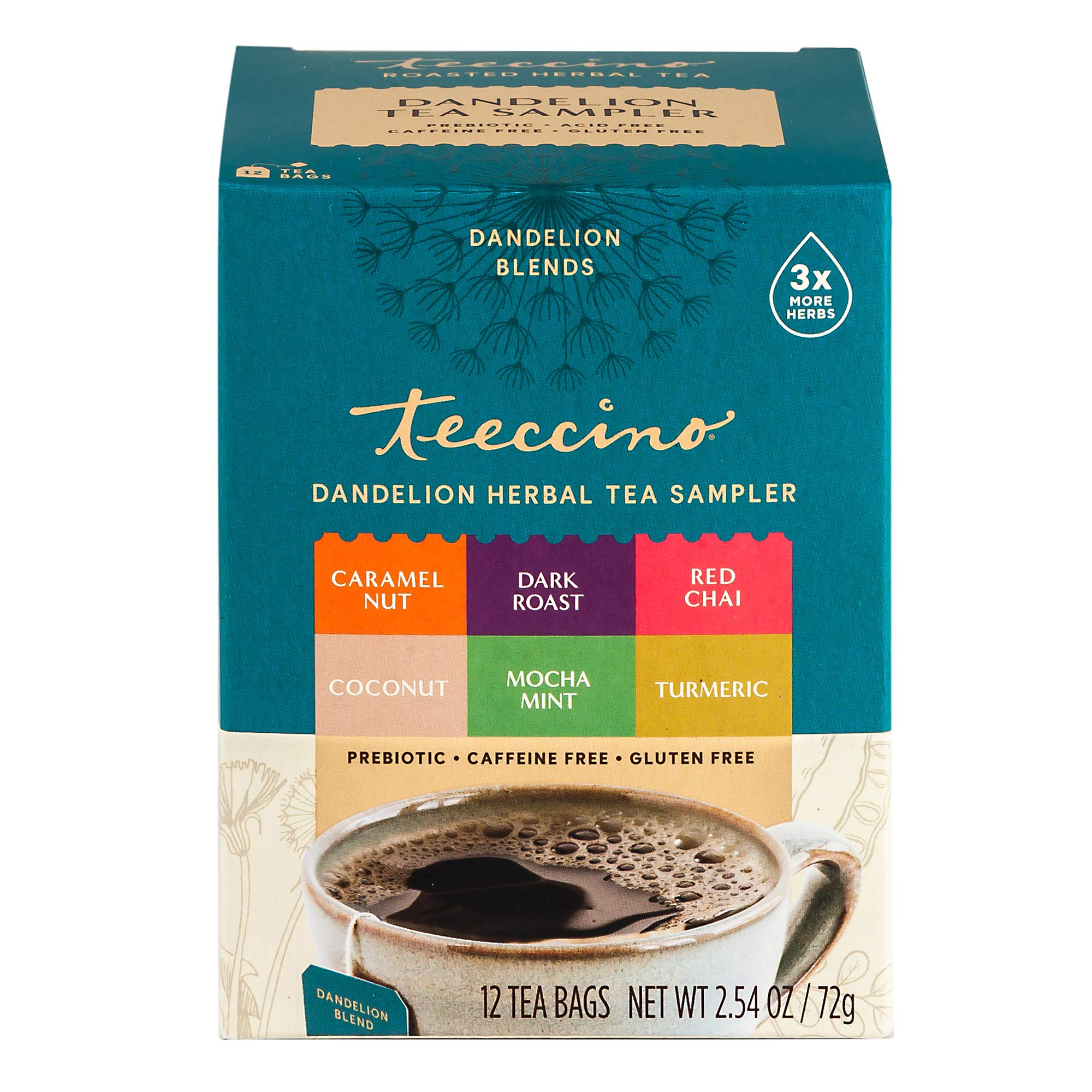 Teeccino turmeric tea bag with earthy spice and bright finish