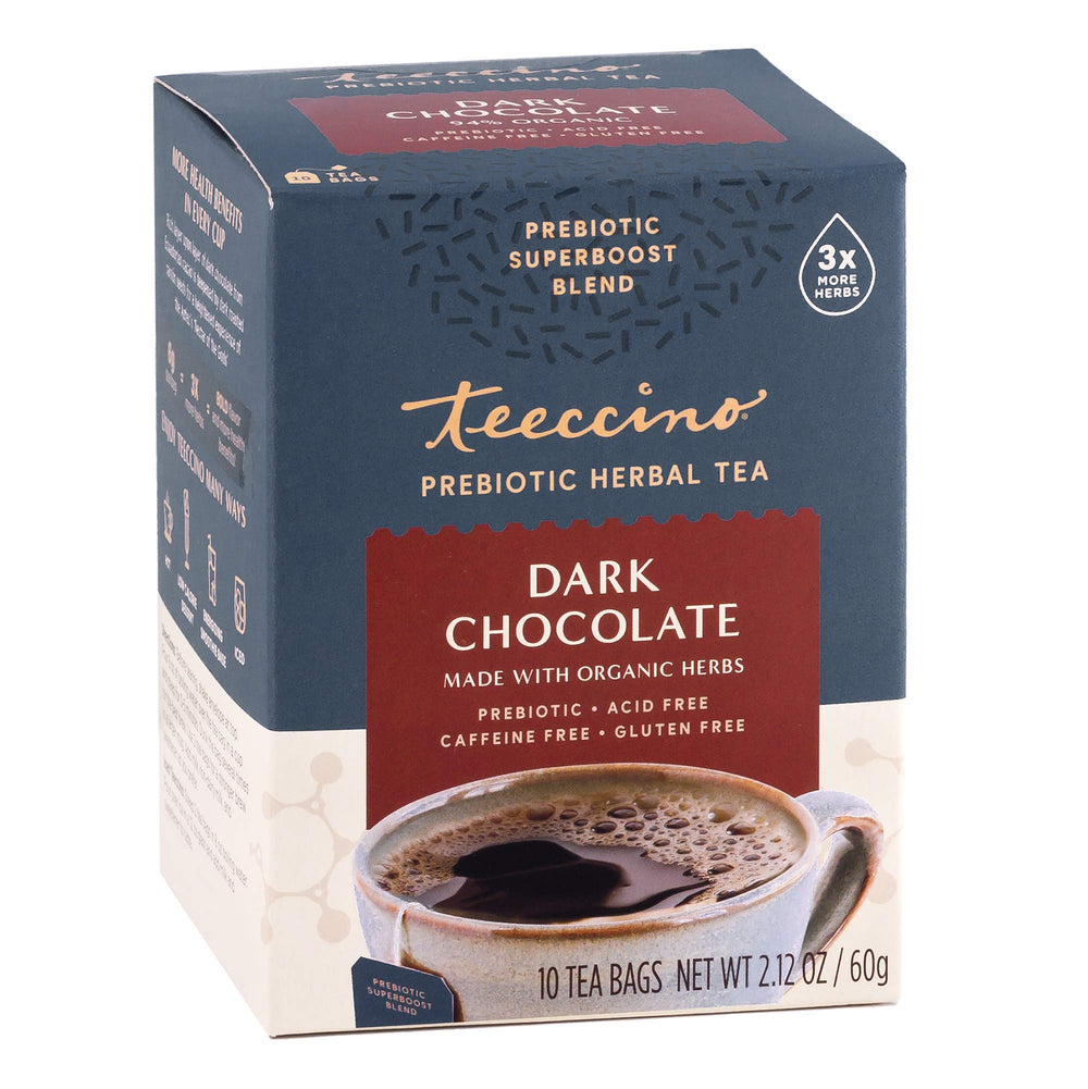 Teeccino Dark Chocolate Prebiotic Tea bags ready to brew a gut-friendly, flavorful cup