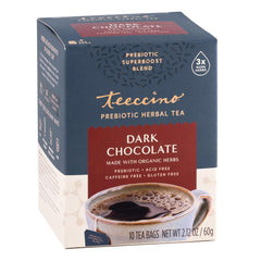 Teeccino Dark Chocolate Prebiotic Tea bags ready to brew a gut-friendly, flavorful cup