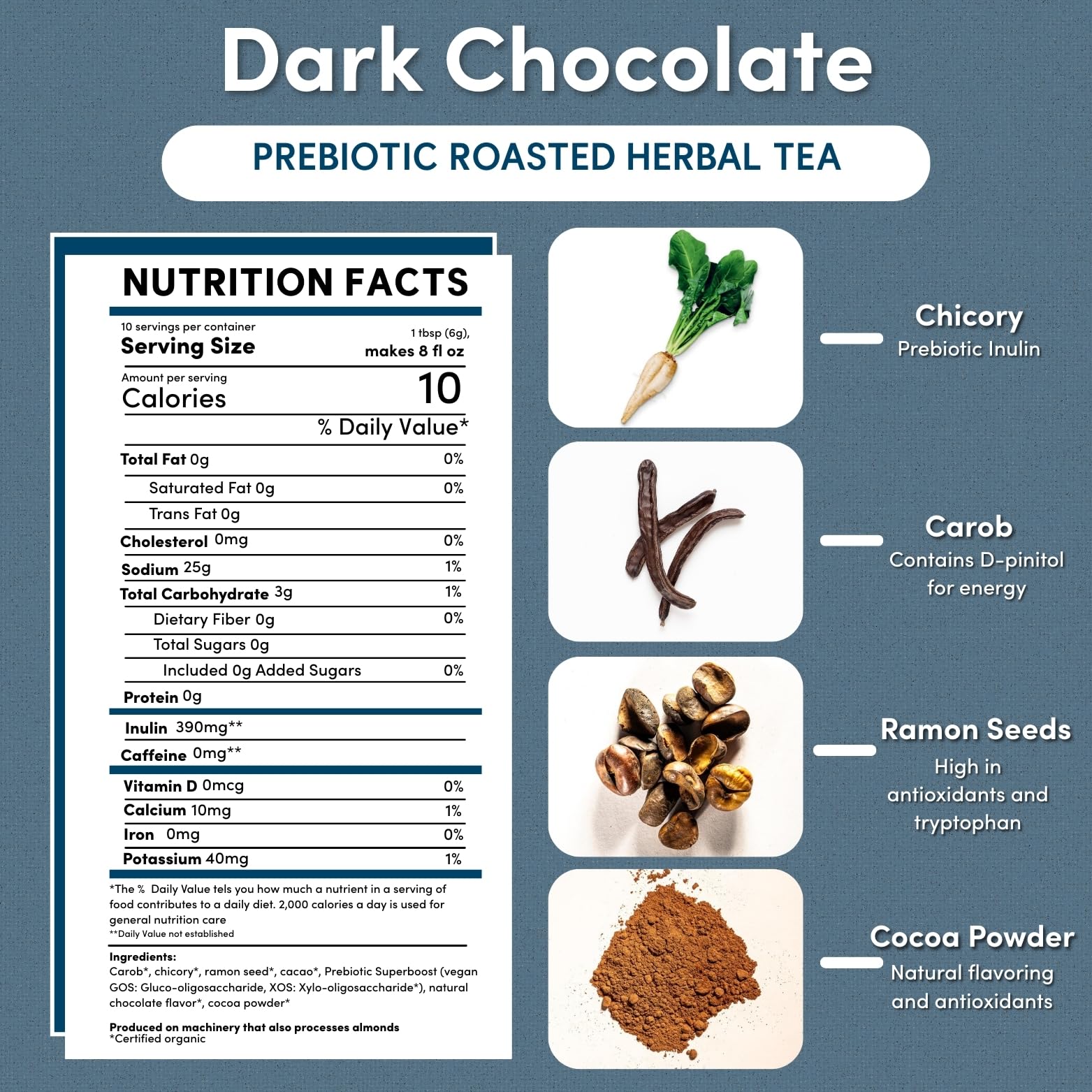 Teeccino Dark Chocolate Prebiotic Tea cup shows a comforting, caffeine-free sip ideal any time