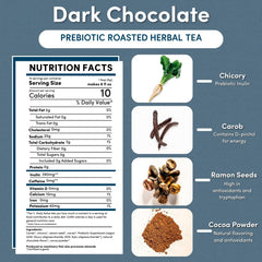 Teeccino Dark Chocolate Prebiotic Tea cup shows a comforting, caffeine-free sip ideal any time